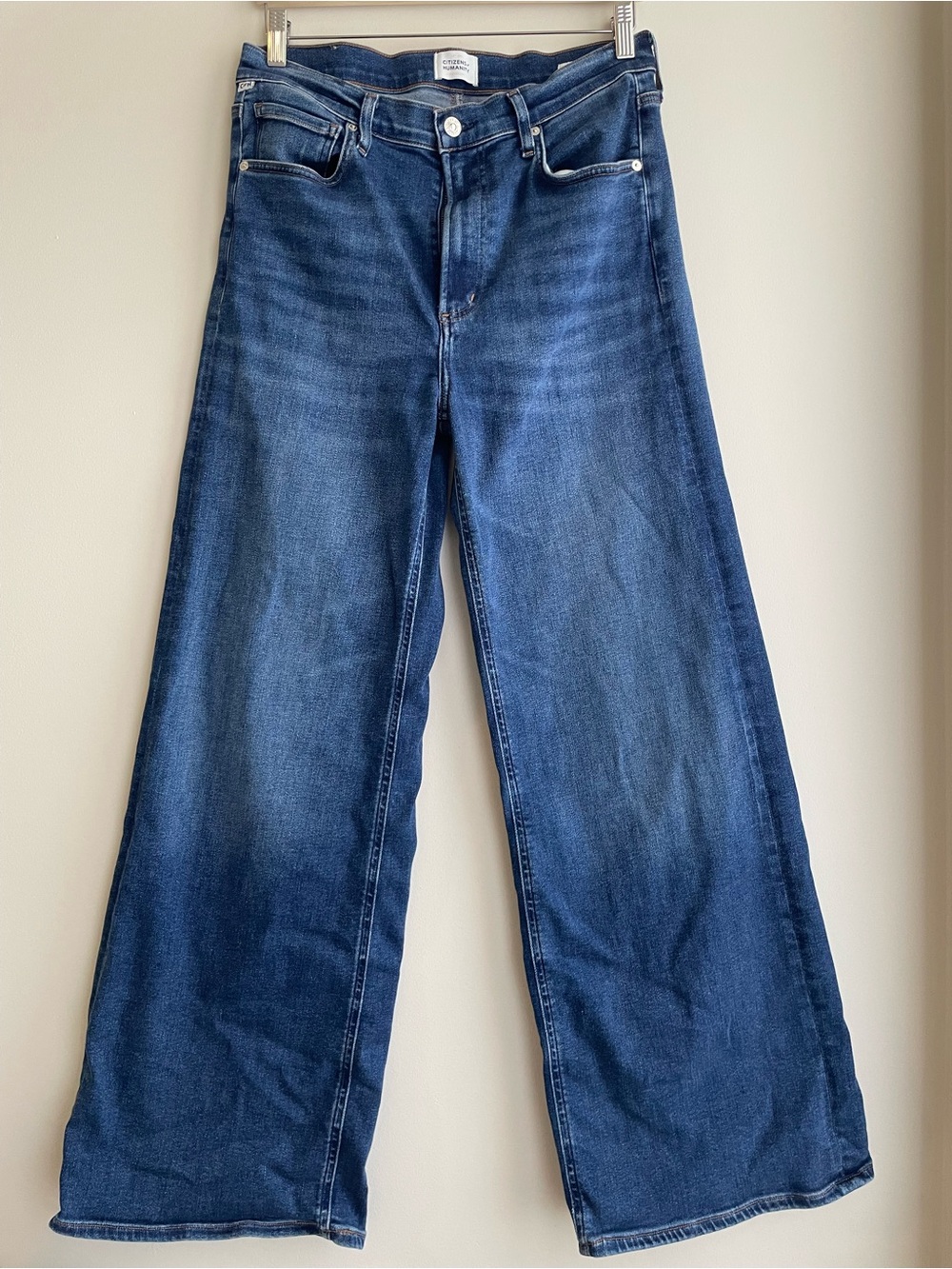 Citizens Of Humanity Lyra Long Wide Leg High Rise Jeans in Dark Blue Denim